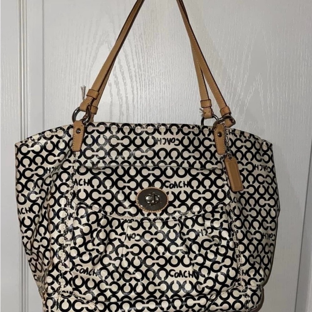 Coach Monogram Tote Bag - Black and Tan